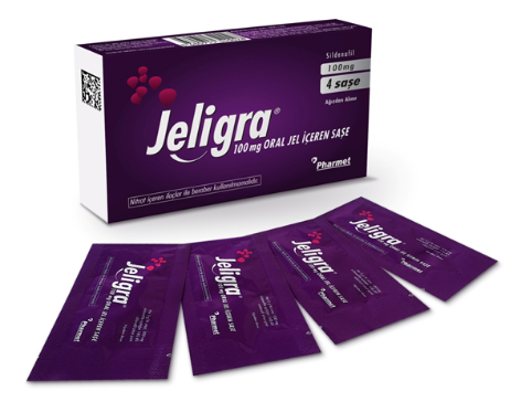 Pharmet sitesinde yayımlanan Jeligra 100 mg, 4 saşe ambalaj görseli